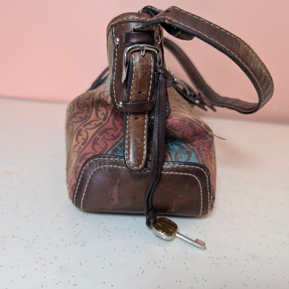 Vintage Fossil Shoulder Bag Multicolor Brown Leather Canvas Monogram Y2K Hobo - Picture 3 of 16